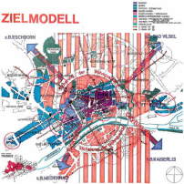 Der von AS+P entwickelte Leitplan fr die Stadtentwicklung Frankfurts weist die Mainzer Landstrae als eine der Hauptentwicklungsachsen des Stadtzentrums aus. Planung: 1985 