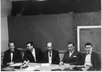 GEAM-Treffen in Paris, 5. 6. April 1960: Werner Ruhnau, Gnter Gnschel, Yona Friedman, Camille Frieden, David Georges Emmerich (v.l.n.r.) 