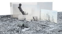 Analyse der Raketeneinschlge im Gaza-Krieg, 2014: Das zusammengesetzte Stadtmodell visualisiert die rumlichen Bezge zwischen mehreren Bildern und Videoaufnahmen. Die Rauchwolken stellen die Verbindung zwischen ihnen her.