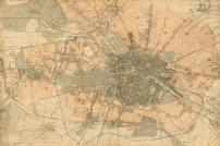 Hobrechtplan von 1862. Der Bestand ist dunkel, die neuen Quartiere sind orange angelegt. Diese wurden weitgehend bis 1914 realisiert und prgen Berlin bis heute 