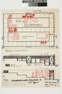 Cedric Price: Potteries Thinkbelt, Diagrammatischer Plan und Schnitte des Pitts Hill Transfer Areas, 1966