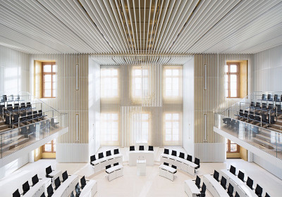 Der Einbau des neuen Plenarsaals durch Dannheimer & Joos erfordete eine enge Abstimmung mit den Denkmalschutzbehrden.