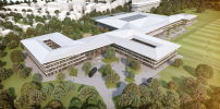 Die künftige DFB-Akademie: ein Komplex aus flachen, offen gestalteten Gebäuden unter einem Dach.