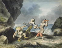 Das Gemlde von Johann Heinrich Ramberg zeigt die Shakespeare-Charaktere Caliban, Stephano und Trinculo tanzend am Strand. (Aus Der Sturm, 2. Aufzug, 2. Szene.)     