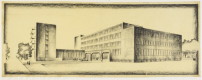 Walter Gropius (Entwurf), Carl Fieger (Zeichnung), Bauhausgebude Dessau, Vorentwurf, 1925, Kohlezeichnung