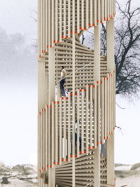 Die helixförmige Holzkonstruktion ermöglicht getrennte Auf- und Abstiege.  