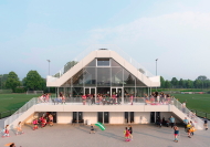 Das Tribnenhaus von NL architects steht zwischen den Spielfeldern des Sportcampus in Rotterdam.
