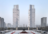 Die beiden Türme von gmp überragen die Umgebung bei weitem und definieren ein neues Eingangstor zum Zentrum von Zhengzhou.