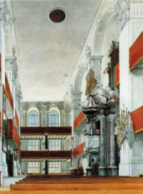 Innenraum der Kirche in Richtung Osten, um 1840, Aquarellierte Lithographie von A. Kenneberg 