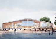 Fassade Nordeingang, Scharounplatz: Die groflchig verglaste Fassade zum Scharounplatz wirkt einladend und verbindet das Museum mit dem umgebenden Stadtraum, schreibt die Stiftung Preuischer Kulturbesitz.