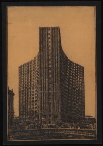 Eine perspektivische Ansicht des Hochhauses am Bahnhof Friedrichstrae in Berlin-Mitte von 1921, Kohle auf Transparentpapier 