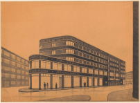 Neugestaltung der Umgebung des Blowplatzes (Scheunenviertel) in Berlin-Mitte mit Lichtspielhaus Babylon von ca. 1927/1929, Kohle auf Transparentpapier 