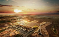 Istanbul New Airport mit der neuen Airport City und dem Schwarzen Meer im Hintergrund 