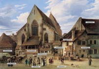 Basler Dichte gestern: Ansicht des Barfsserplatzes mit Barfsserkirche, Andreas Geist, 1835 