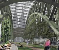 Fahrradwege und Parkbänke anstelle von Zügen – so könnte es auf der Hohenzollernbrücke nach Vorstellungen von Paul Böhm in Zukunft aussehen.  