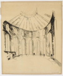 Planungsgemeinschaft Paulskirche, Entwurf des Saals, Kohlezeichnung, ca. 1946