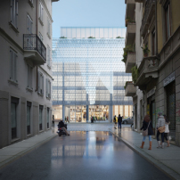 Die neue, transparente Fassade aus Glaselementen verstehen SOM als eine Referenz auf Gio Pontis Interesse an Mosaiken und Reflexionen.