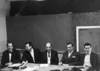 GEAM-Treffen in Paris, 5. 6. April 1960: Werner Ruhnau, Gnter Gnschel, Yona Friedman, Camille Frieden, David Georges Emmerich (v.l.n.r.)