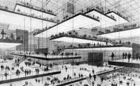 Ausstellungshalle mit „schwebenden“ Ebenen in einem Raumnetz aus Stahlseilen. Entwurf und Zeichnung Conrad Roland 1964. Sammlung Deutsches Architekturmuseum 