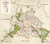 Übersichtsplan nach dem Groß-Berlin-Gesetz vom 27. April 1920 mit 20 Verwaltungsbezirken und Dauerwaldflächen. 