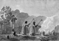 Ein Aquarell des Architekten Benjamin Henry Latrobe zeigt Sklavinnen bei der Rodung von Waldflächen für neue Bauvorhaben. Courtesy University of Pittsburgh Press
