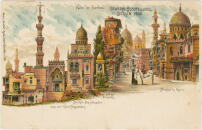 Postkarte Kairo der Berliner Gewerbeausstellung, 1896. Die Sonderausstellung Kairo war als Eingeborenendorf errichtet und umfasste ber 400 Menschen als lebende Exponate.    