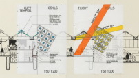 Still aus Ludwig Leo Werkfilm: Idealschnitt aus dem Vorentwurf für die Laborschule Bielefeld, überlagert mit haustechnischen Konzeptzeichnungen, 1971