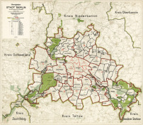 Übersichtsplan nach dem Groß-Berlin-Gesetz vom 27. April 1920 mit 20 Verwaltungsbezirken und Dauerwaldflächen.