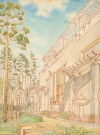Entwurf für das Sanatorium Barwicha. Ansicht des Hofs und eines Teils des   Gebäudes, 1940, Aquarell, Pinsel, Rötel, Papier, 556 × 416 mm 