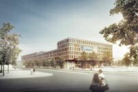 Das bald fertige Justizzentrum am Leonrodplatz, das voraussichtlich 2024 bezogen werden kann, prsentiert sich als moderner, glsern-transparenter Bau.  