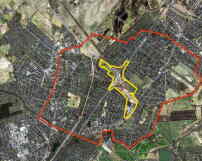 Wettbewerbsgebiet Berlin Pankow, Ortsteile Karow und Blankenburg, Luftbild mit Betrachtungsraum (rot) und Projektgebiet (gelb)