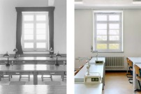 Gegenüberstellung Schule Langenfort. Links: Modellfoto nach historischem Vorbild, Rechts: Ist-Zustand 