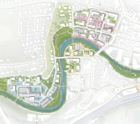 Quartier Backnang West: Lageplan im stdtebaulichen Siegerentwurf von 2021 von Teleinternetcafe Architektur und Urbanismus zusammen mit Treibhaus Landschaftsarchitektur