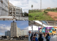 Die vier Orte heute: Universal Hall in Skopje (1964), KNUST University Campus in Kumasi, Ghana (1957), Microdistrict III und IV in Ulaanbaatar, Mongolei (1986) und Highway 101 in East Palo Alto, USA (1937) 
