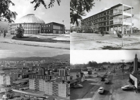 Historische Bilder der vier Fallstudien: Universal Hall in Skopje (1964), KNUST University Campus in Kumasi, Ghana (1957), Microdistrict III und IV in Ulaanbaatar, Mongolei (1986) und Highway 101 in East Palo Alto, USA (1937) 