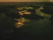 Almere 2030, bei Nacht. Vorne die neue Insel „Ijland“, dahinter „Almere Pampus“ 